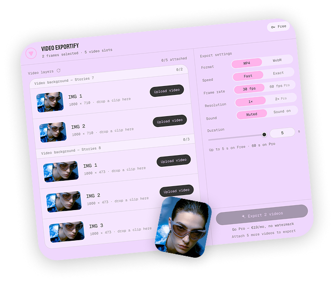 The plugin with two frames selected and five video slots, a clip being dropped on one